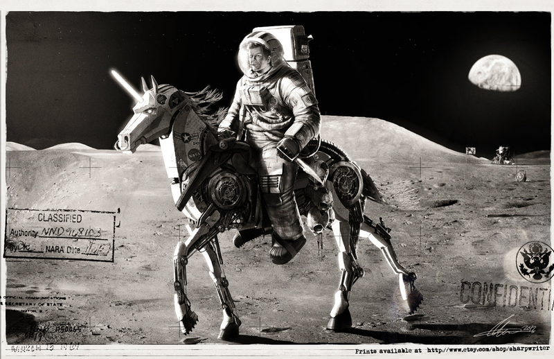 Illustration for article titled And now, JFK riding a robotic unicorn on the Moon